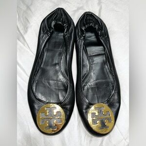 Tory Burch Black Flats with Gold Logo